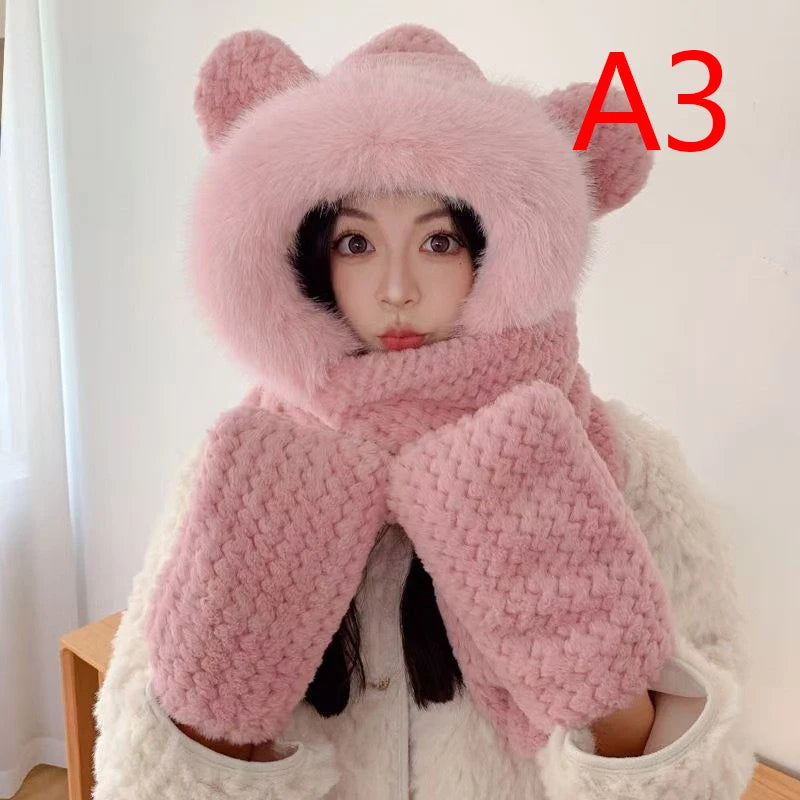 Winter Women Novelty Beanies Caps Warm Bear Ear Hat Casual Plush Hat Scarf Set Casual Solid Color Women Caps Present