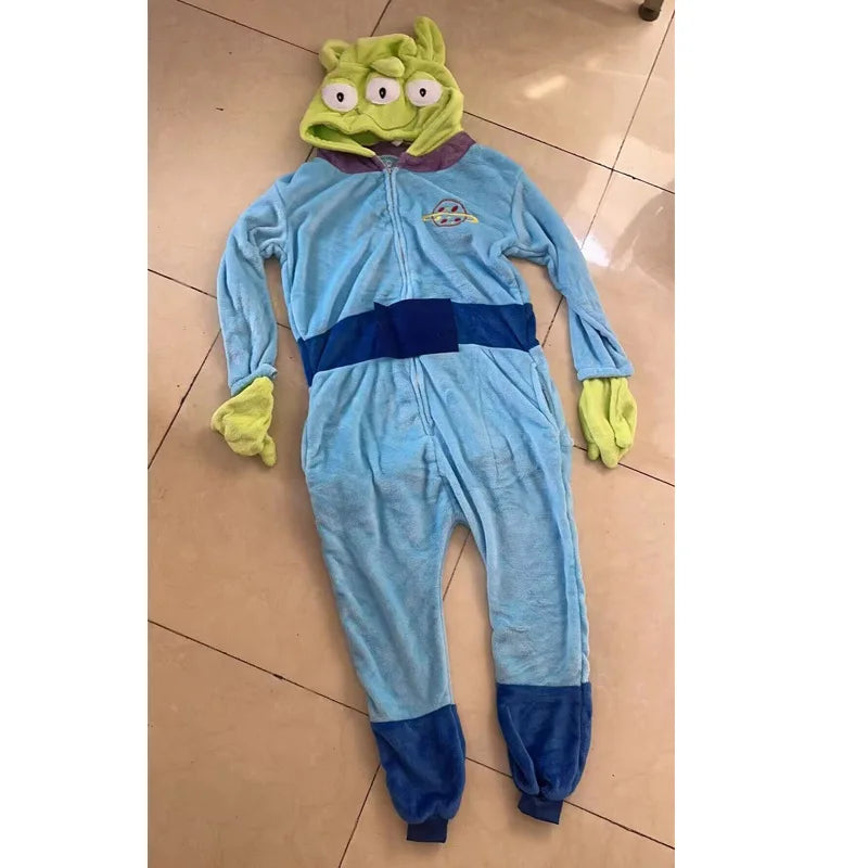 New Cartoon Toy Story Anime Alien Jumpsuit Pajama 3 Eyes Alien Onesie Polar Fleece Sleepwear Child Adult Plush Home Clothing