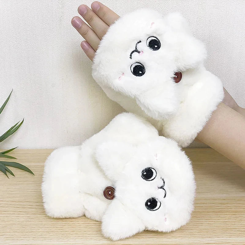 Women Plush Warm Glove Fur Lovely Rabbit Cat Mittens Flip Fingerless Gloves Soft Girls Thick Gloves Flexible Half Finger Winter