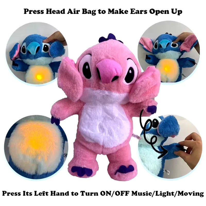 Kawaii Stitch Plush Doll Baby Sleeping Companion Sound Soothing Musical Kawaii With Air Bag and Light Doll Breathing Toys Gifts