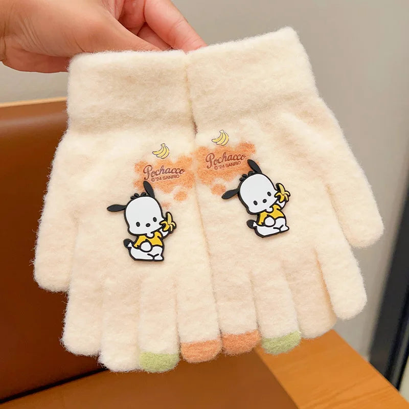 Kawaii Sanrio Hello Kitty Gloves Kuromi My Melody Cinnamoroll Winter Plush Thickened Mittens Girls Gloves 6-12 Years Old Gift