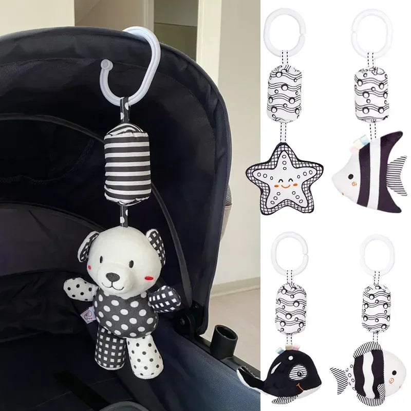 Stroller Bed Hanging Bell Plush Doll Baby Infant Rattles Newborn Black White Visual Grab Ability Training Toys игрушки для детей