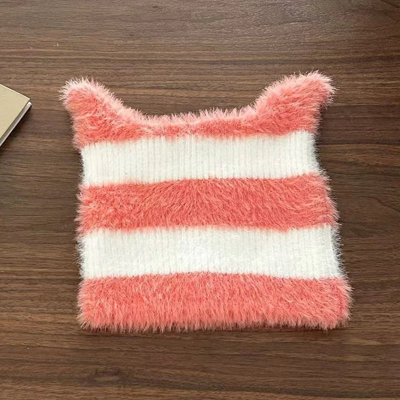 Korean Cute Solid Color Fluffy Cat Ear Knitted Hat Y2K Harajuku Plush Warm Cap Autumn Winter Knitting Hat For Christmas Gifts