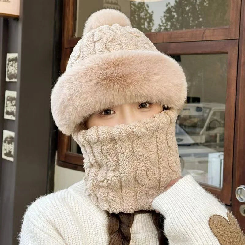 1PC Winter Knitted Hat Scarf Mask Plush Pompom Beanies For Women Plush Lining Warm Bonnet Ears Neck Protection Skiing Cap