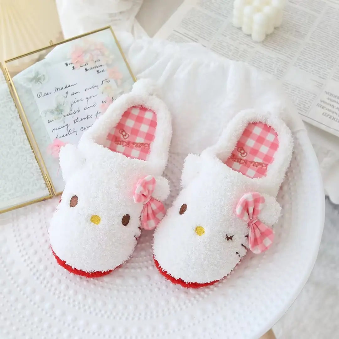 Lolita Cute Slippers My Melody Kuromi Plush Shoes Pom Pom Purin Japanese Style Indoor Shoes For Girl Autumn Winter Flat Non-slip