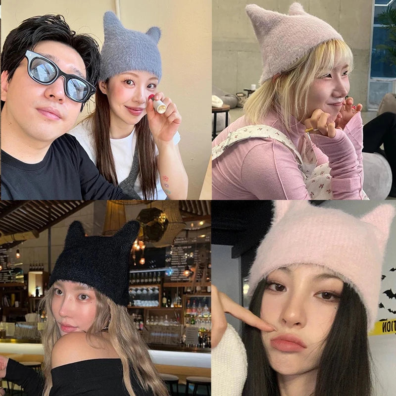 Korean Cute Solid Color Fluffy Cat Ear Knitted Hat Y2K Harajuku Plush Warm Cap Autumn Winter Knitting Hat For Christmas Gifts