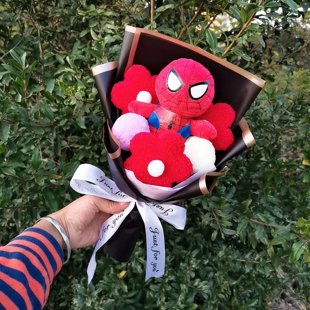 Animation Super Hero Spider Plush Doll With Rose Flower Bouquets Soft Stuffed Kids Graduation Christmas Day Birthday Gifts