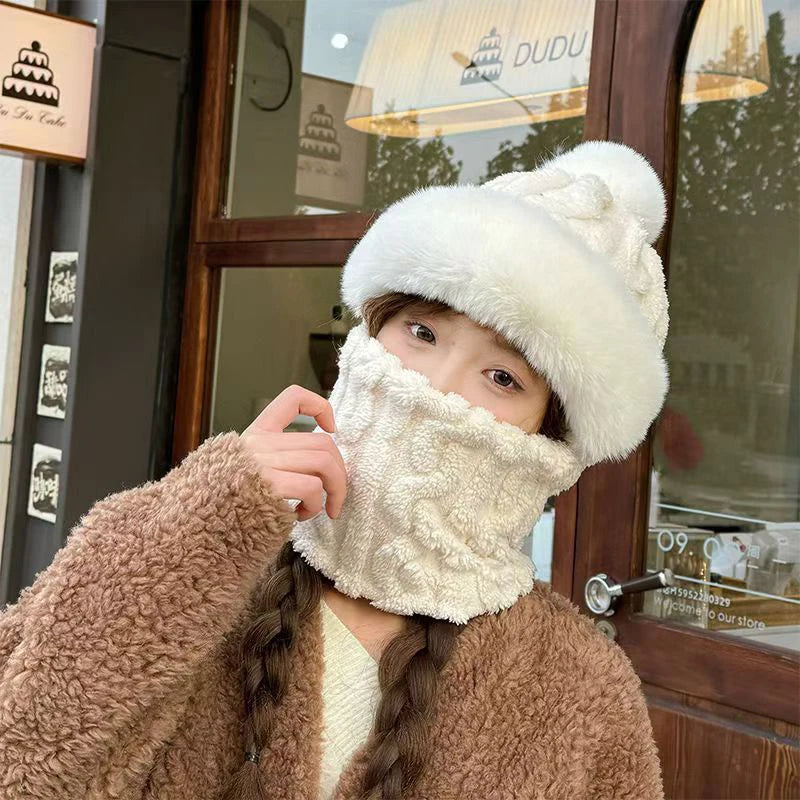 1PC Winter Knitted Hat Scarf Mask Plush Pompom Beanies For Women Plush Lining Warm Bonnet Ears Neck Protection Skiing Cap