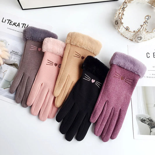 Winter Female Cashmere Warm Suede Leather Cycling Mittens Double Thick Velvet Plush Wrist Women Touch Screen Driving Gloves