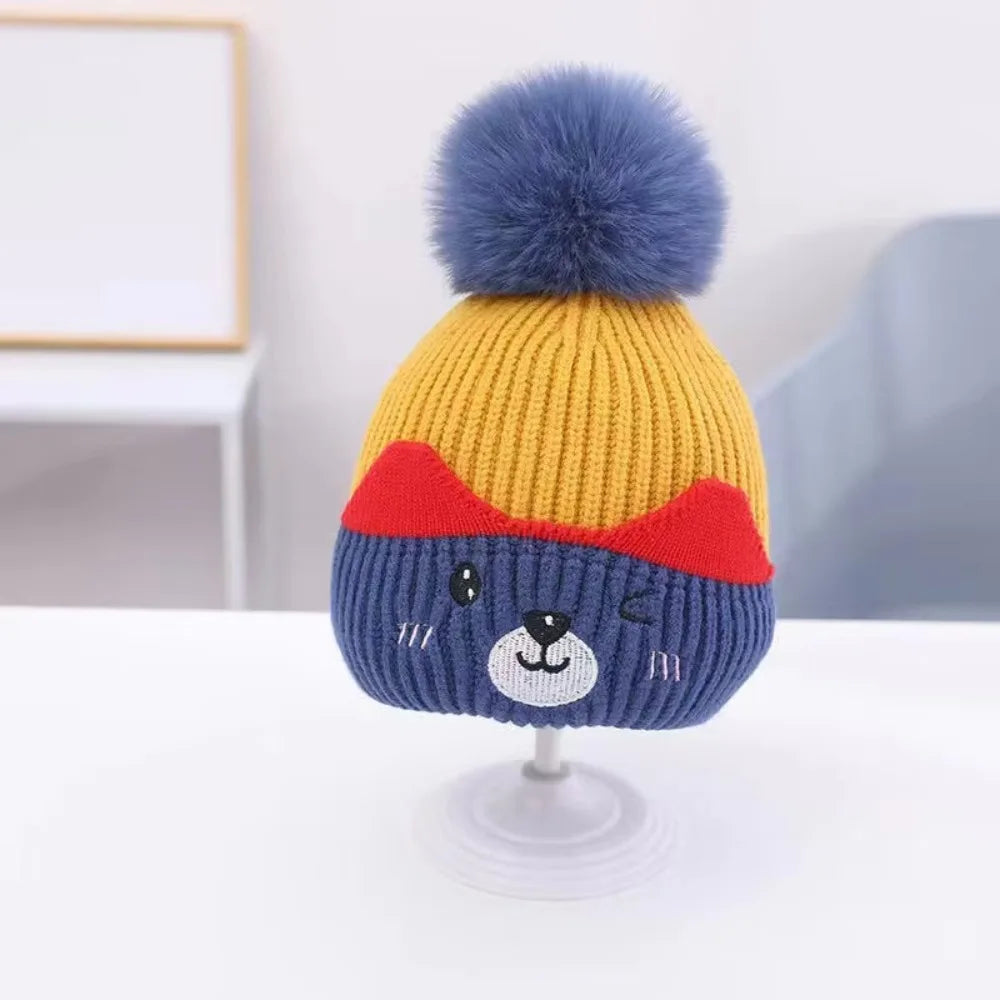 Soft Fluffy Baby Pompom Pullover Hat Cartoon Type Warm Baby Knitted Cap Plush Fluffy Windproof Winter Baby Earmuffs