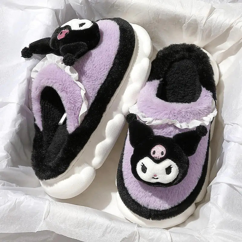 Kawaii Sanrio Home Slippers Hello Kitty Plush Cotton Indoor Bathroom Women 2023 Summer Beach Anti-sli Shoes Kuromi Flip Flops