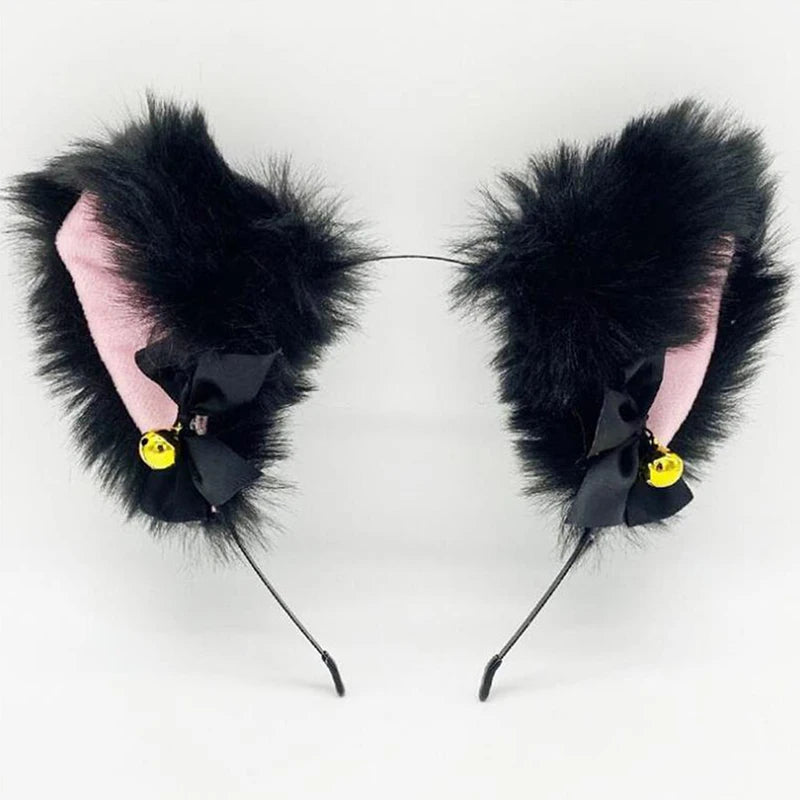 Sexy Cat Ears Headband for Women Girls Lace Bow Necklace Plush Bell Hairband Cosplay Masquerade-Party Costume Hair Accessories