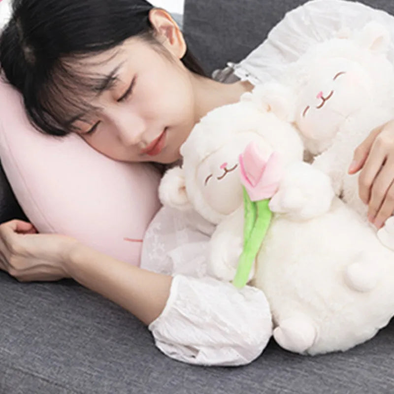 Sweet White Sheep Lam Hold Tulip Flower Plush Doll Soft Stuffed Lamb With Tulip Plushie Toy Cute Gift For Kid Birthday Christmas