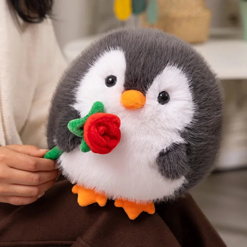 Fluffy Round Penguin Plush Toys Stuffed Baby Doll Animal Couple Penguin Holding Rose Hug Sleep Pillow Creative Birthday Gifts