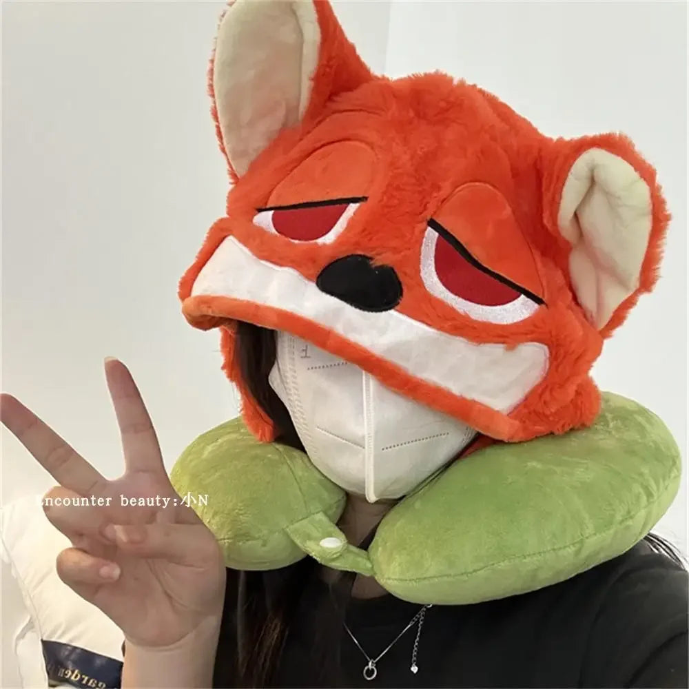 Disney Zootopia U-shaped Hooded Neck Pillow Nick Fox Blackout Travel Pillow With Hat Comfortable Nap Pillow Office Airplane Girl