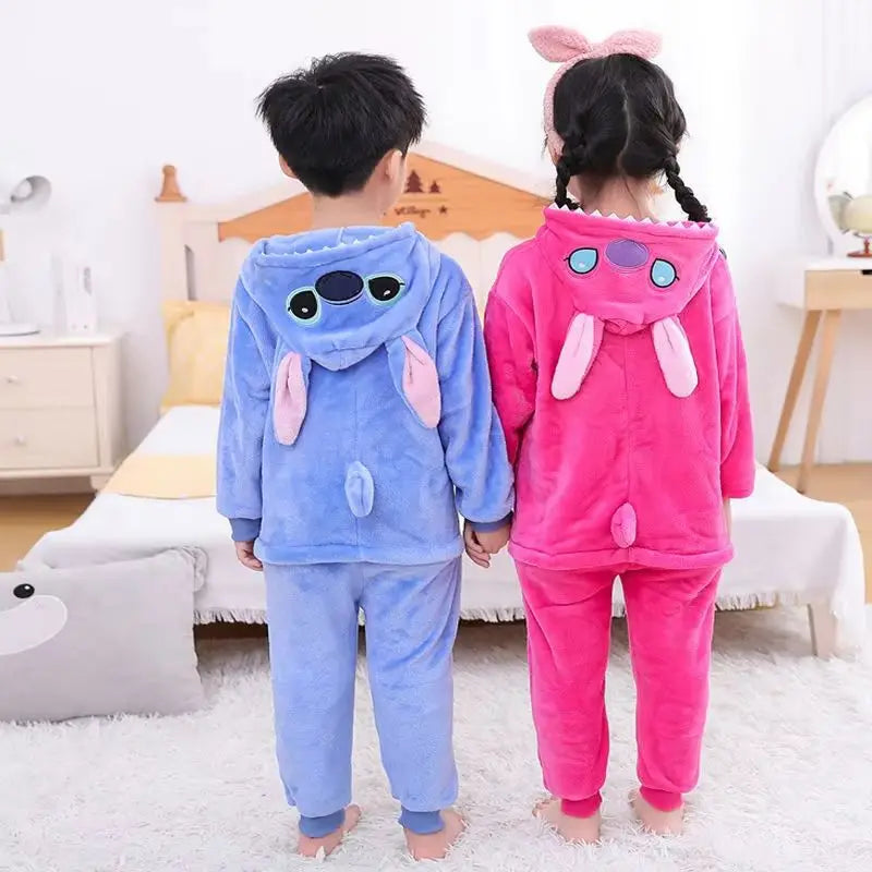 New Disney Stitch Onesie Couple Flannel Sleepwear Unisex Cartoon Animal Pajamas Set Winter Women Men Warm Flannel Hooded Pyjama