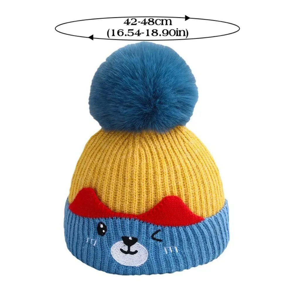 Soft Fluffy Baby Pompom Pullover Hat Cartoon Type Warm Baby Knitted Cap Plush Fluffy Windproof Winter Baby Earmuffs