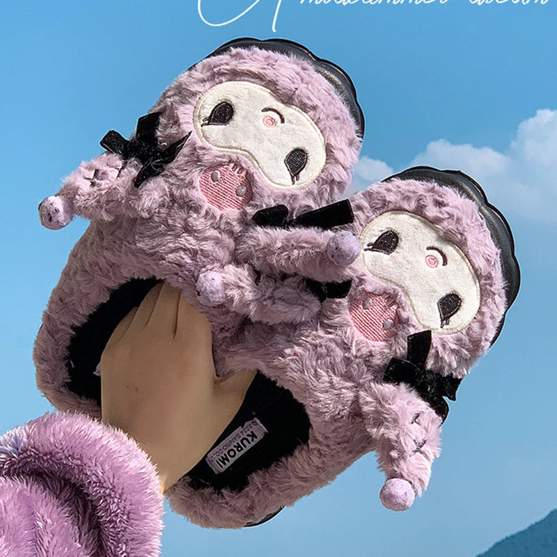 Sanrio Plush Slippers Kuromi Cotton Slippers Sweet Suitable Winter Home Slippers Thick Sole Keep Warm Cotton Shoe Christmas Gift