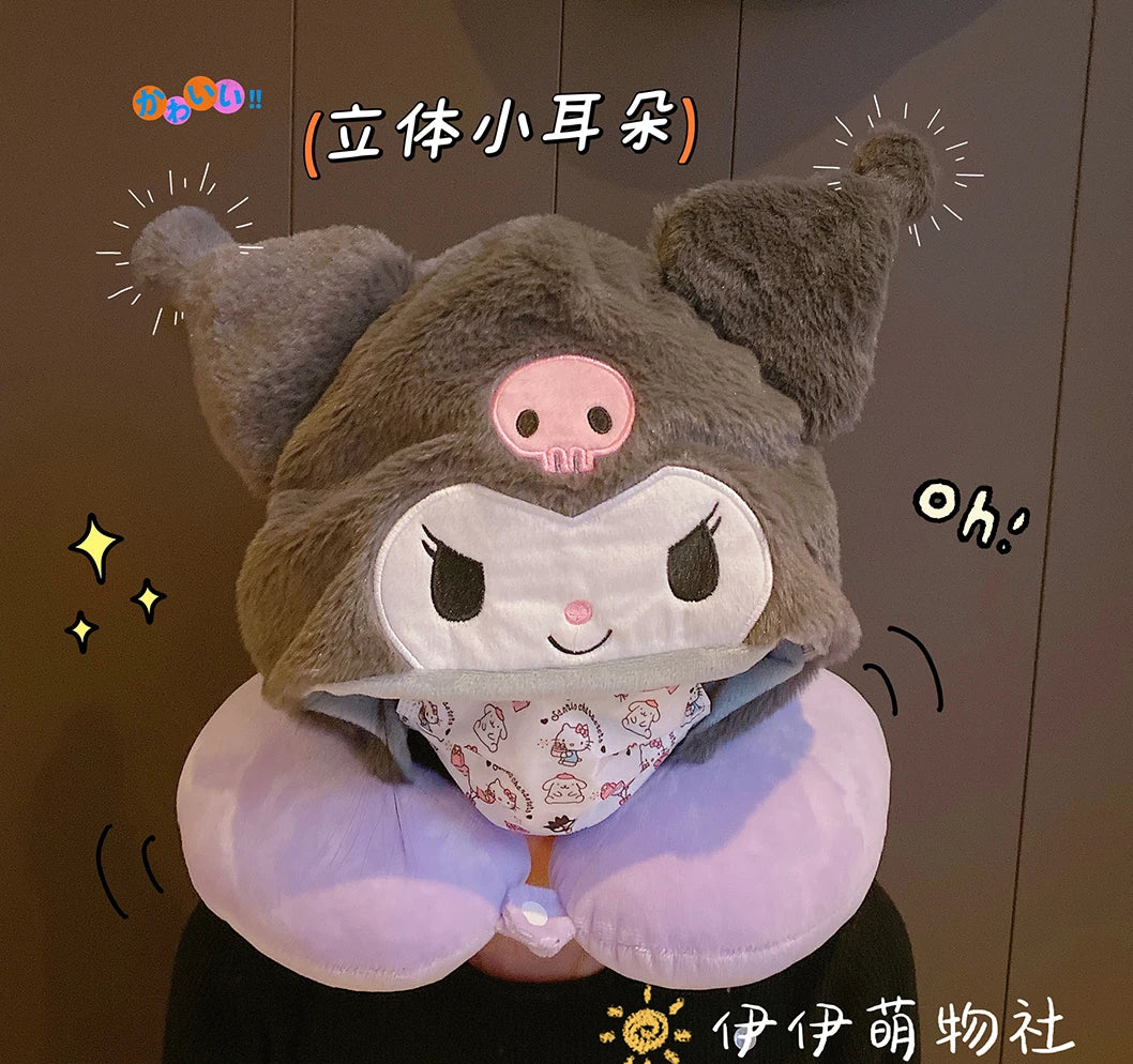 Sanrio Cartoon Kuromi My Melody U-shaped Hooded Neck Pillow Pochacco Travel Blackout Nap Pillow Office  Cinnamoroll Pillow Gift