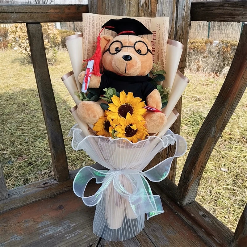 Doctor Cap Bear Graduation Bear Plush Bouquet Toys with Sunflower Cute Teddy Bear Doll Student Graduation Souvenir Birthday Gift