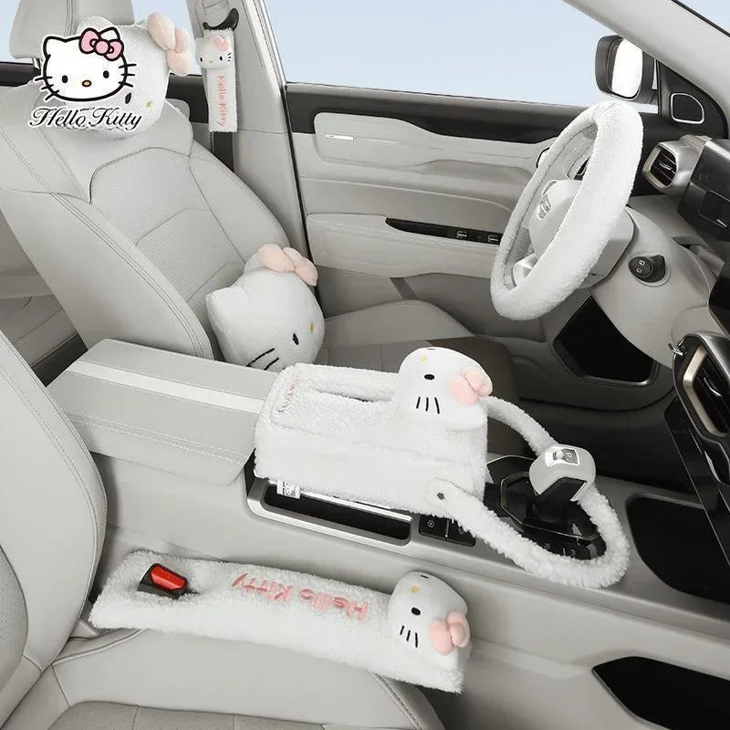 Hot Kawaii Sanrio Car Steering Wheel Protective Hello Kitty Cover Cartoon Headrest Waist Shoulder Car Accessories Sets