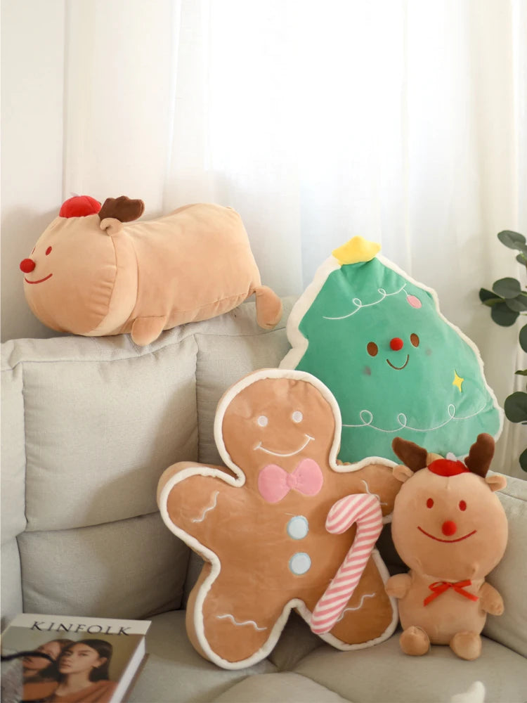 Cute Gingerbread Man Throw Pillow Christmas Tree Plush Toy Girly Room Decoration Lying Elk Plushies Soft Gifts For Girl