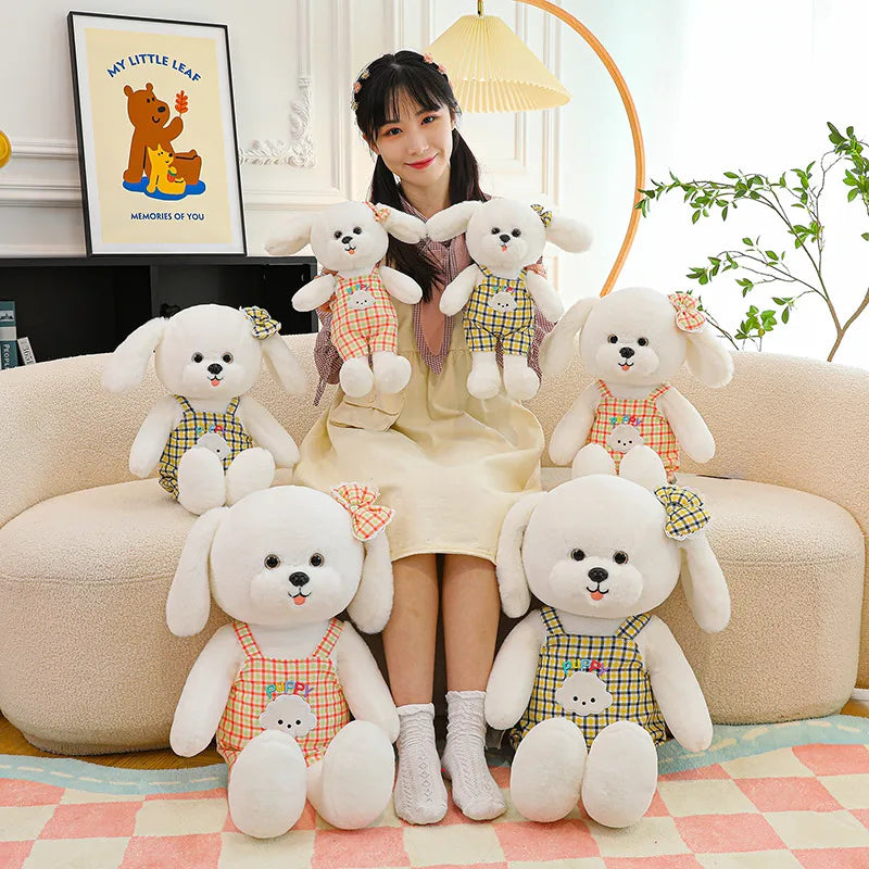 35/50/65cm Lovely Soft Stuffed Sitting White Dog Wearing Plaid Overalls Plush Animals Dog Doll Room Decor For Kids Birthday Gift