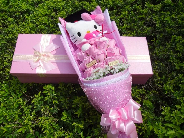 Kt Hello Kitty Plush Stuffed Bouquet With Graduation Hats Handmade  Doll Cute Soap Flower Rose Flower Bouquet Birthday