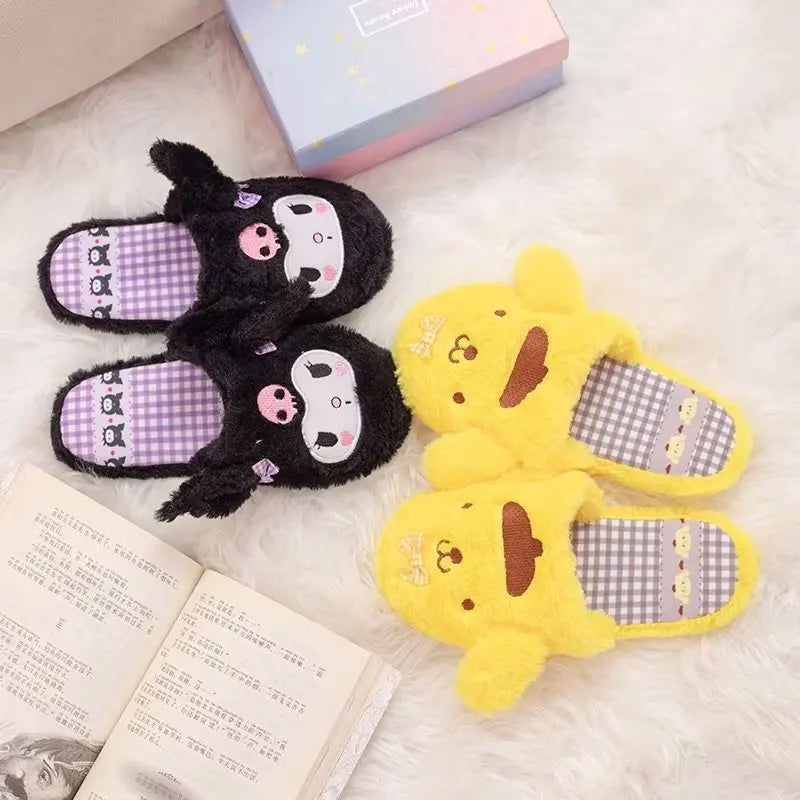 Lovely Warm Indoor Shoes Cute Kuromi My Melody Cinnamoroll Slippers Lolita Home Cotton Shoes For Girl Lady Winter Non-slip