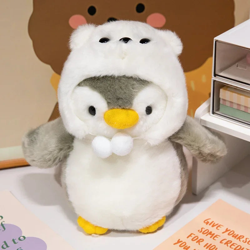 25CM Cute Penguin Wear Winter Clothes Plush Toys Lovely Gray Penguin Wear Polar Bear Cap Stuffed Doll Nice Present