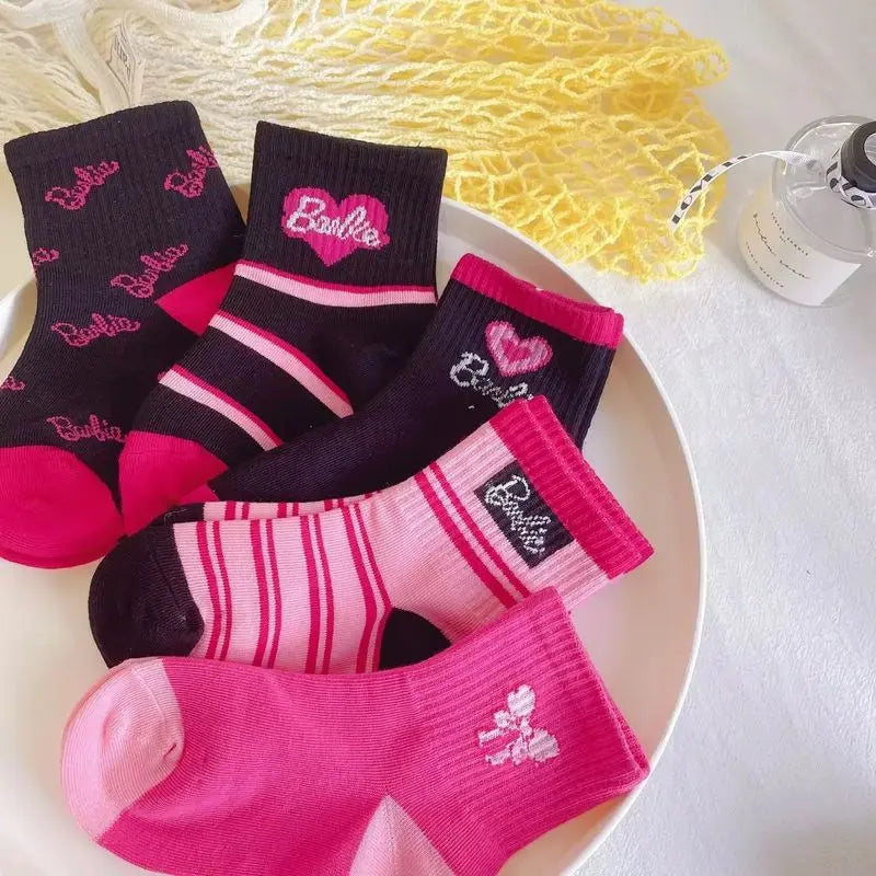 New 10 Pairs Of Barbie Y2k  Socks For Girls Kawaii Dopamine Autumn And Winter Series Pink Love Letters Striped High-Value Socks