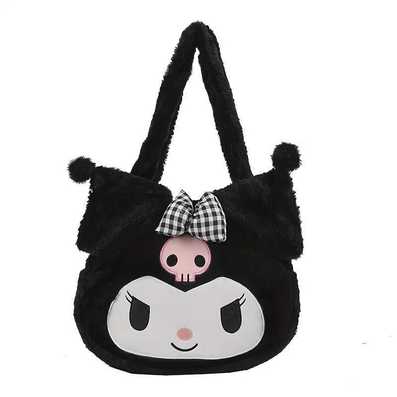 Girls Large capacity Cartoon Anime Cozy Fluffy Tote Bag, Kuromi Plush Tote & Shoulder Bag, Cinnamoroll Melody Faux Fur Handbag