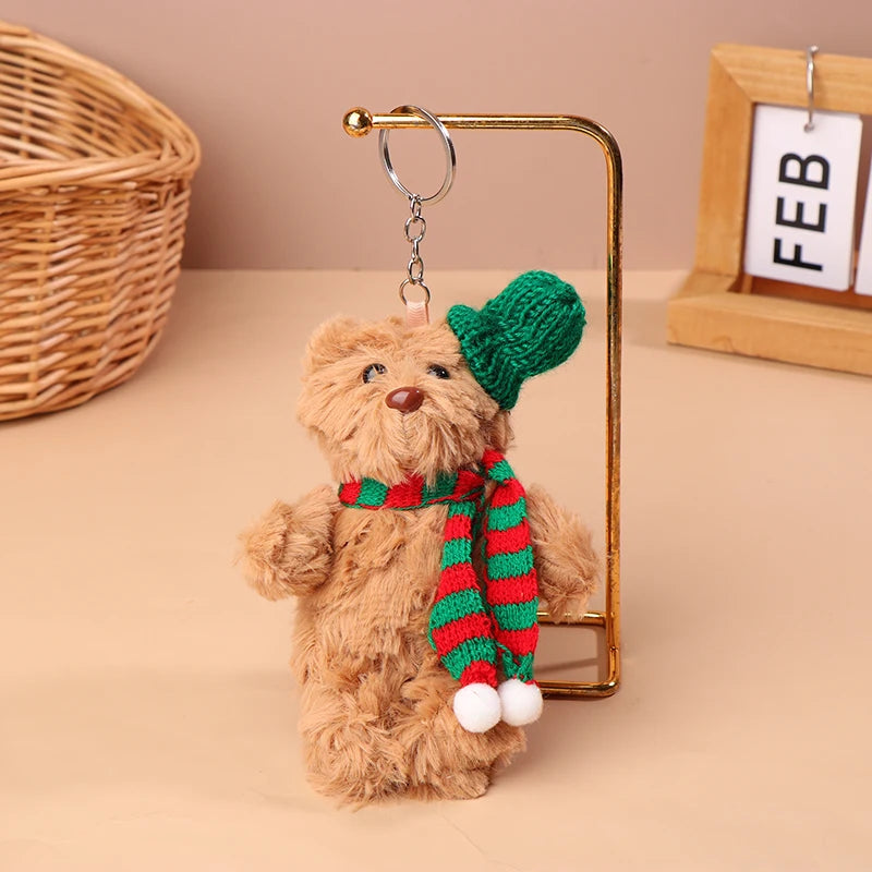 Christmas Bear Plush Toy Cartoon Bear Stuffed Keychain Plush Animal Keyring Cute Backpack Pendant Decoration Xmas Gifts