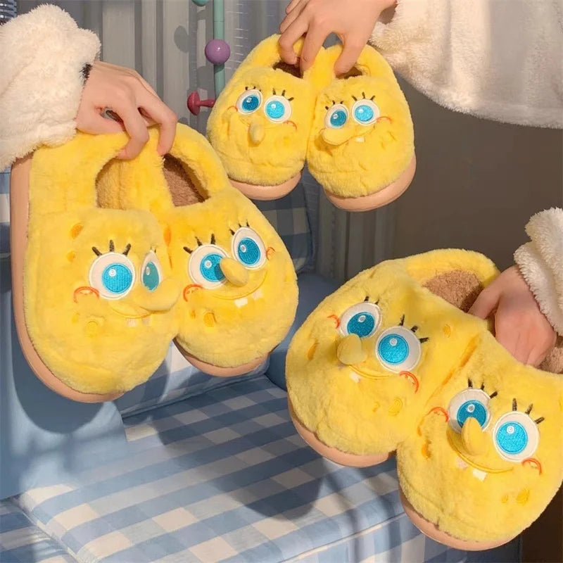 New Cartoon Anime Couples Spongebob Kawaii Slippers Plush Keep Warm Home Winter Soft Bottom Cute Shoes Men Women Lovers Shoes