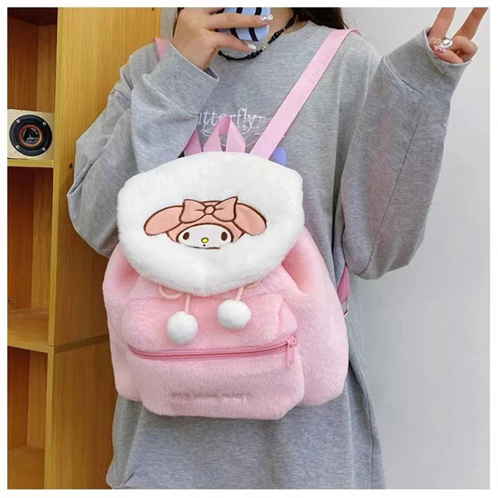 Sanrio Kuromi Melody Cartoon Cute Puppy Plush Flip Backpack Women's Casual Large Capacity Cute kawaii Cartoon School Bag Mochila