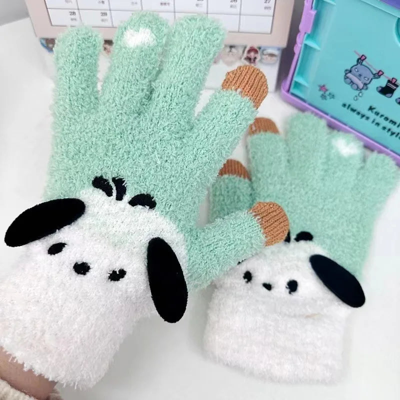 Sanrio Gloves Plush Kuromi Cold-Proof Gloves My Melody Cinnamoroll Five-Finger Gloves Touch Screen Pochacco Child Christmas Gift