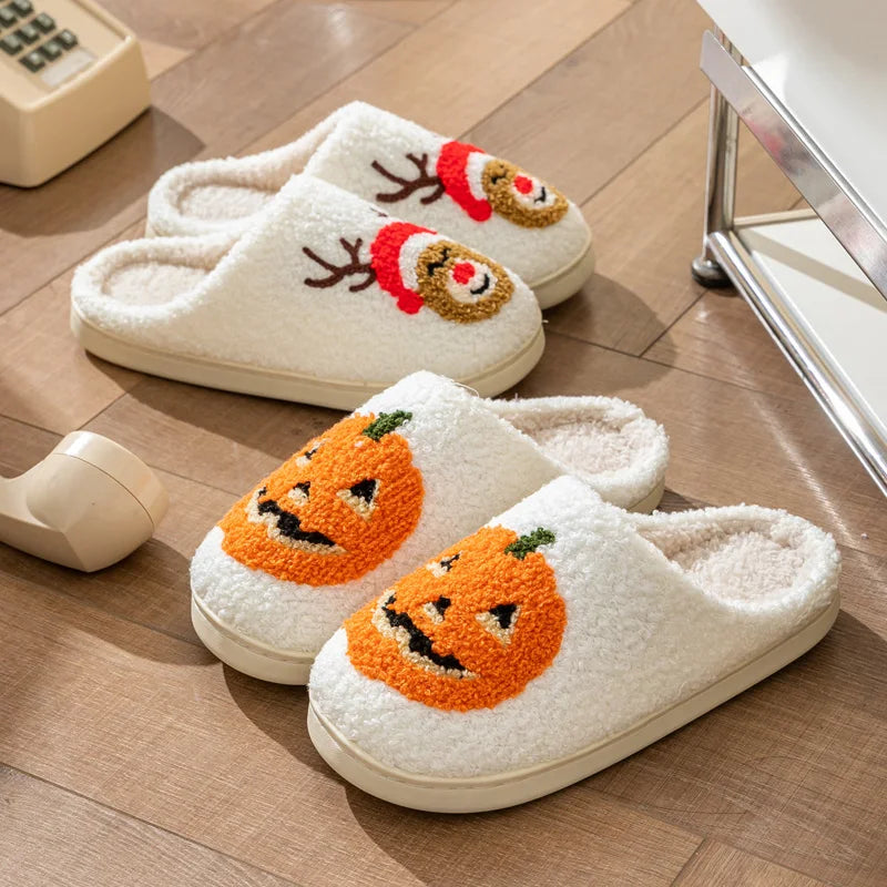 Women's Pumpkin Halloween Slippers for Indoor Use in Autumn Winter Comfortable Warm Fluffy Slippers for Couple in Cold Winte