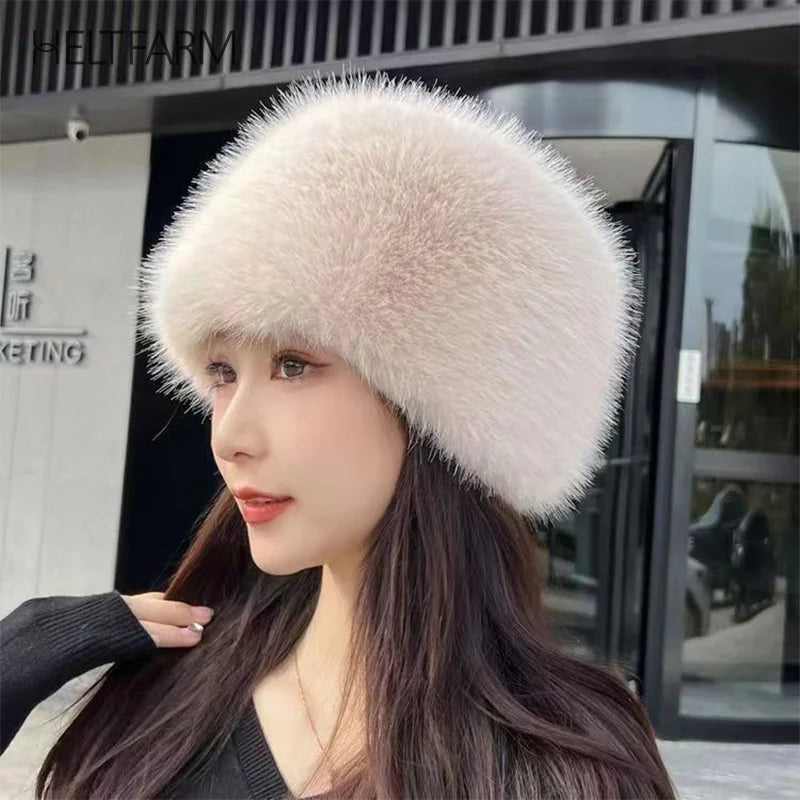 Women Warm Snow Ski Cap Fur Bucket Hat Mongolian Hat Ear Protection Winter Hats Thick Windproof Dome Luxury Plush Fisherman Hat