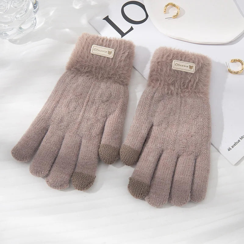 Winter Women Warm Knitted Gloves Plush Knitted Autumn and Winter Warm Double Layer Thick Gloves Touch Screen Ski Gloves