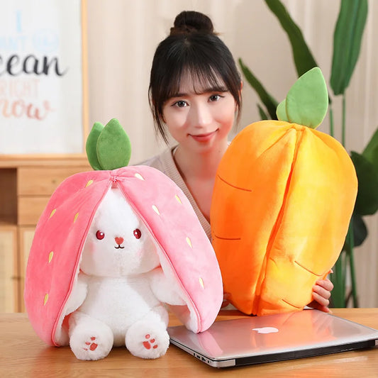 35cm Creative Funny Doll Carrot Rabbit Plush Toy Stuffed Soft Bunny Hiding in Strawberry Bag Toys for Kids Girls Birthday Gift