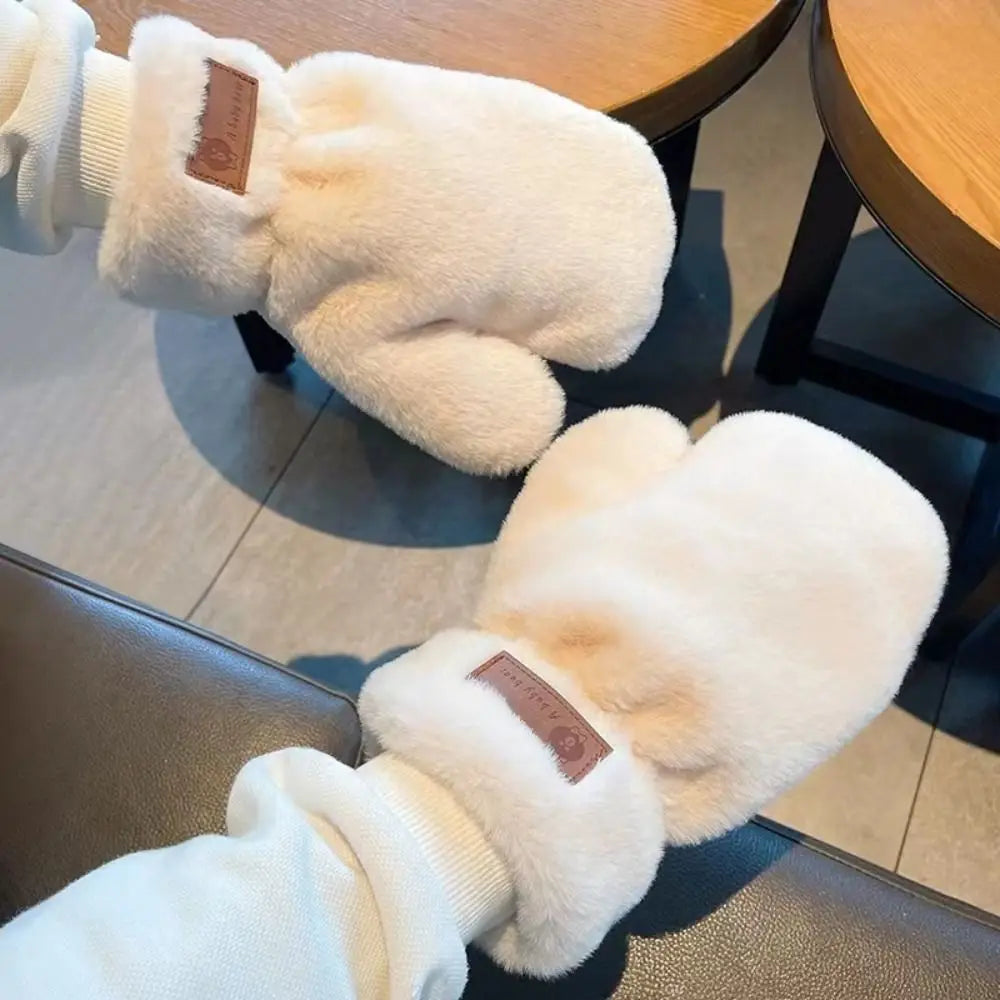 1Pair Women Cute Warm Winter Gloves New Thickened Fluffy White Plush Gloves Velvet Letter Gloves One size