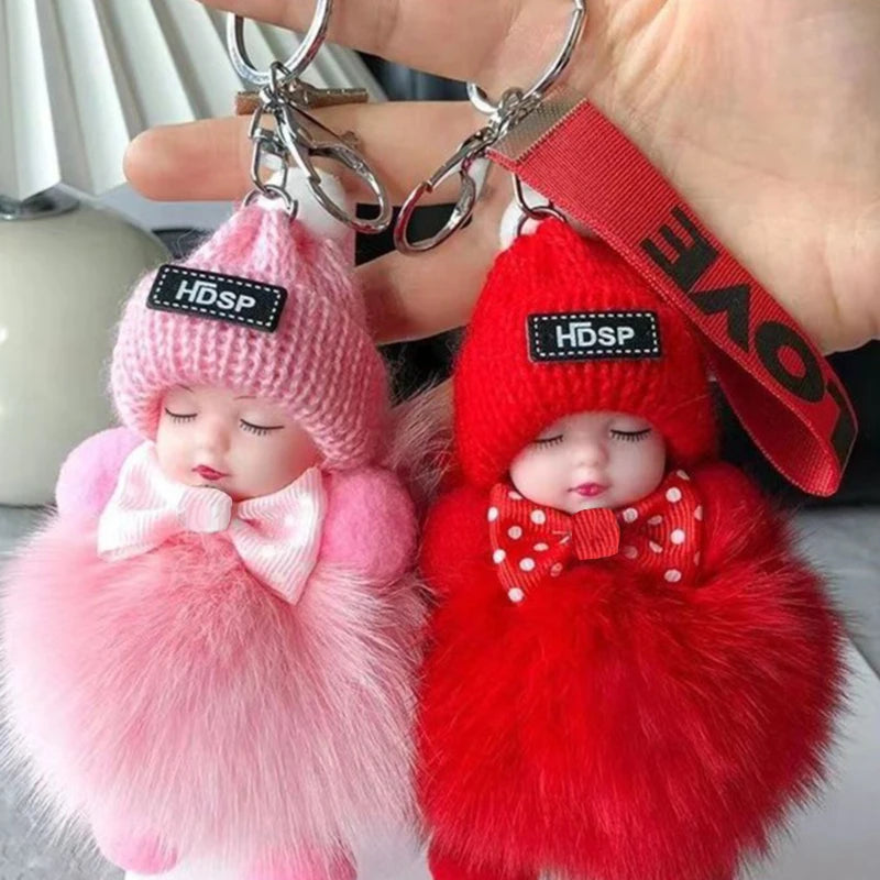 Cute Sleeping Baby Keychain Charm Cute Fluffy Plush Doll Car Keychain Fashion Women's Bag Charm Backpack Decoration Gift