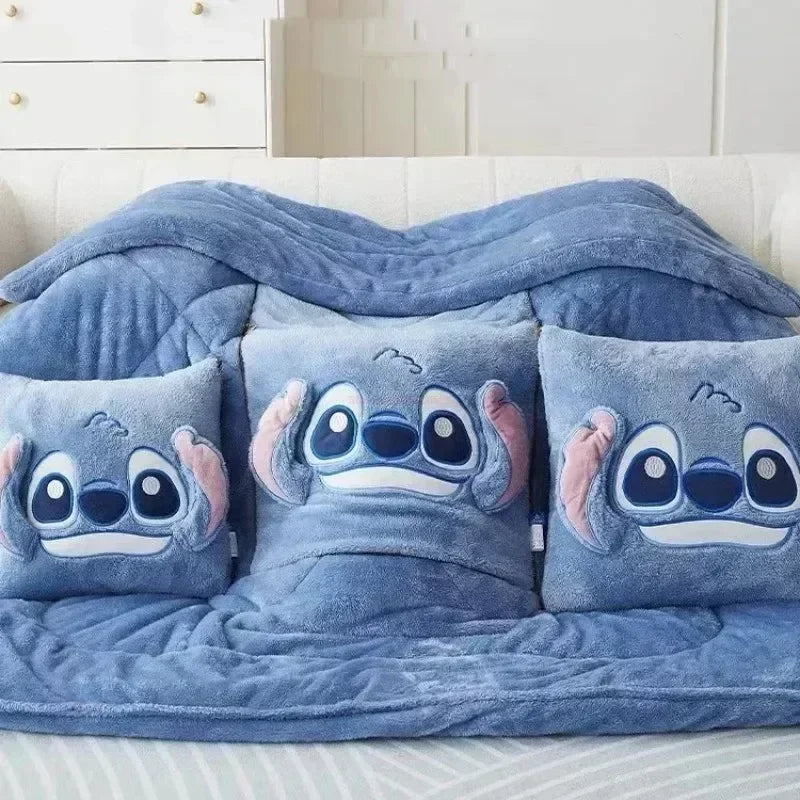 Disney Stitch Throw Pillow Blankets Two In One Kawaii Flannel Thickened Nap Blanket Living Room Kids Bedroom Decoration Gift