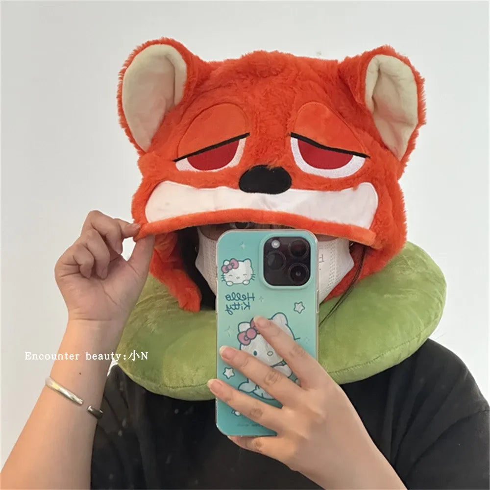 Disney Zootopia U-shaped Hooded Neck Pillow Nick Fox Blackout Travel Pillow With Hat Comfortable Nap Pillow Office Airplane Girl