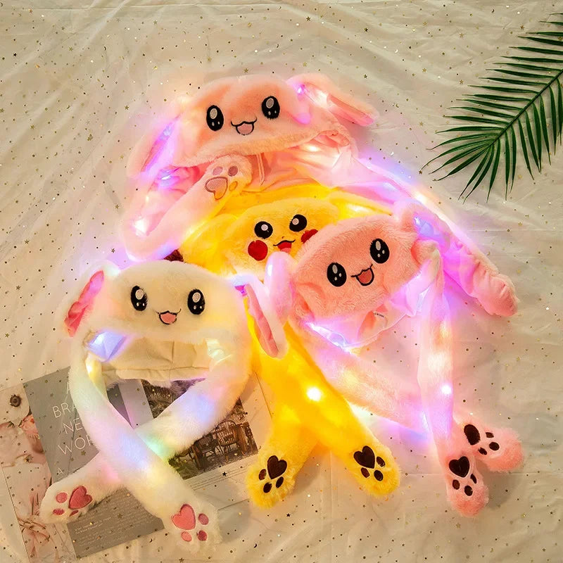 LED Plush Rabbit Hats Glowing Pikachu Ears Hat Cute Stitch Moving Ears Cap Adult Children Funny Festival Party Dress Up