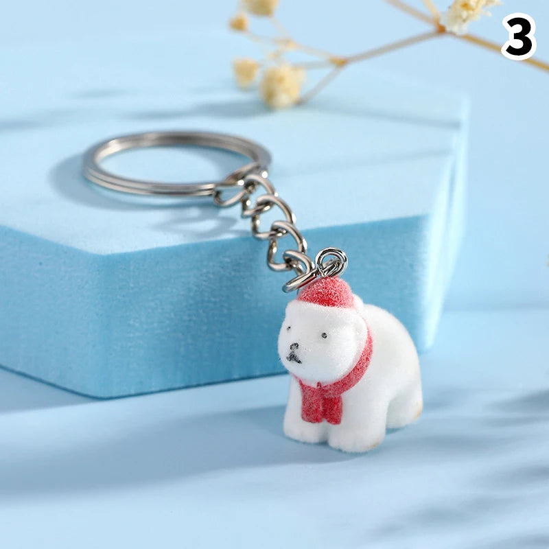 3D Flocking Polar Bear Keychain Cartoon Plush Animal Keyring Bag Pendant Car Key Holder Earphone Charm DIY Jewelry Accessor