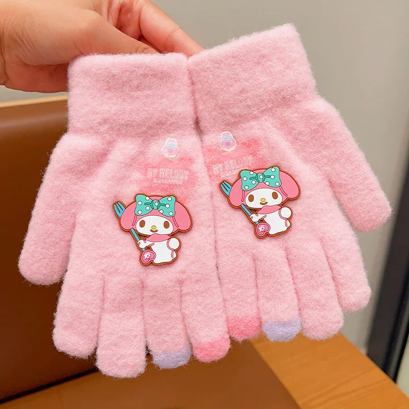 Kawaii Sanrio Hello Kitty Gloves Kuromi My Melody Cinnamoroll Winter Plush Thickened Mittens Girls Gloves 6-12 Years Old Gift