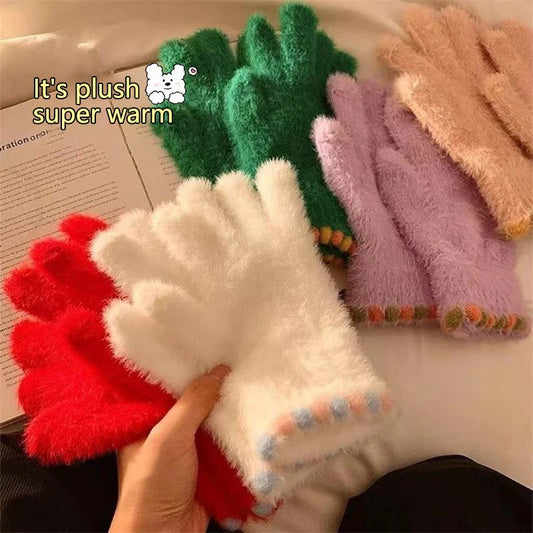 Simple Pure Color Plush Five-finger Gloves Thickened Lovely Winter Warm Cycling Gloves Fingerless Touch Screen Gloves Girls Gift