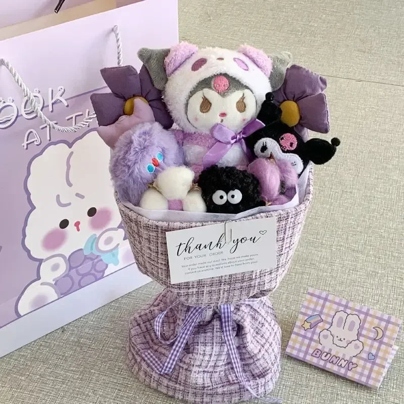 Sanrio Kuromi Plush Kt Flower Bouquet Cartoon Hello Kitty Cinnamoroll Stuffed Plush Toy Kawaii Decor Doll Girl Valentine Gift