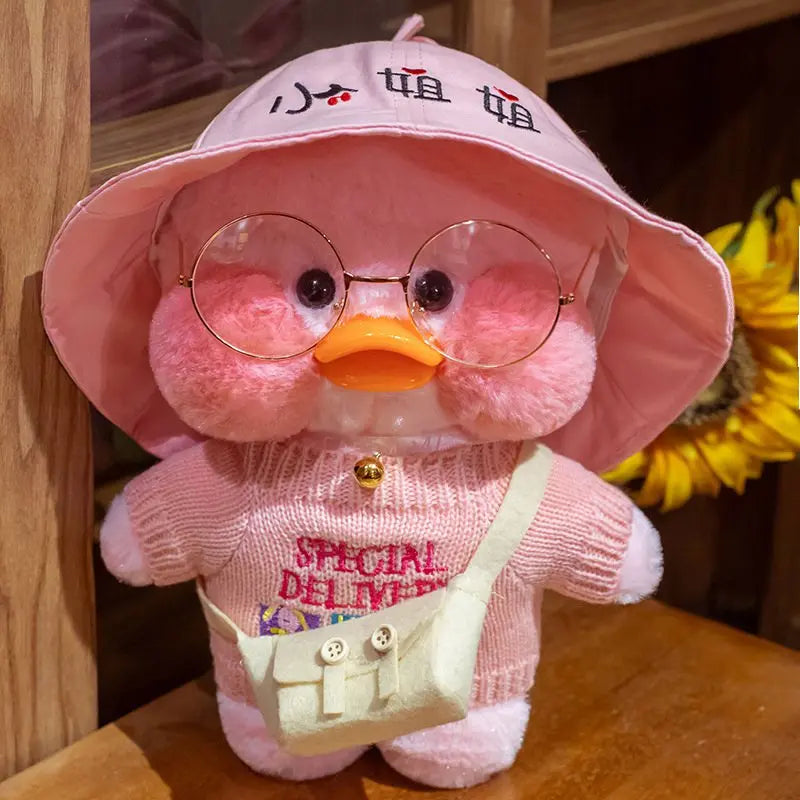 30cm Cute Cafe Pink Duck Stuffed Plush Animals Toy Wear Glasses And Clothes Soft Doll Girl Birthday Creative Gift For Girls